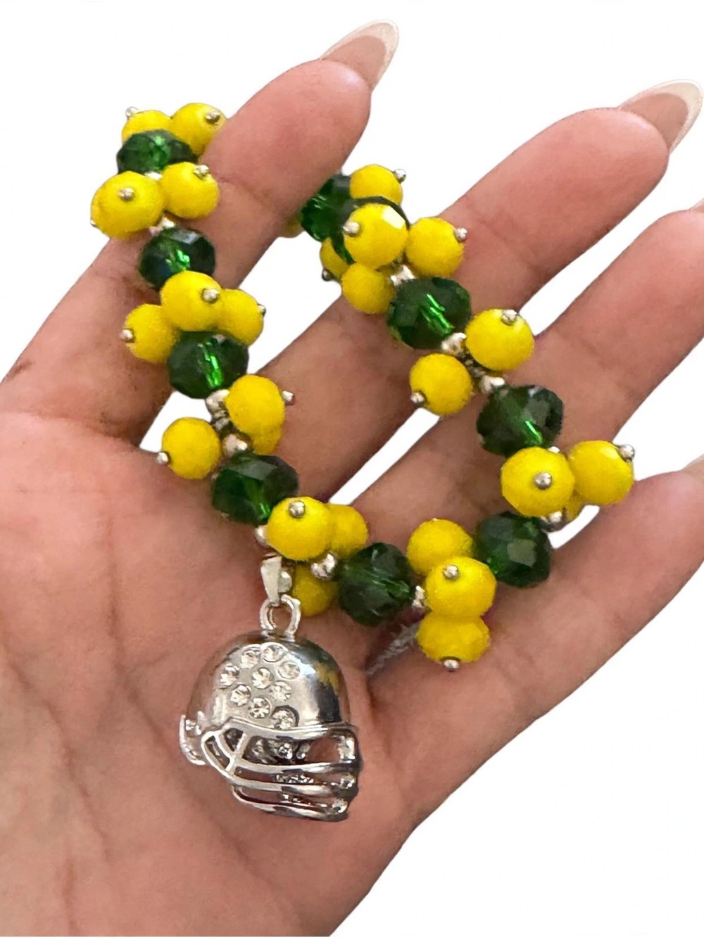 Yellow & Green Beaded Charm Bracelet, Rhinestone Football Silver Crystal Charm